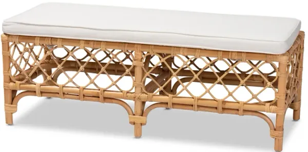 Baxton Studio Orchard Modern Bohemian White Fabric Upholstered and Natural Brown Rattan Bench