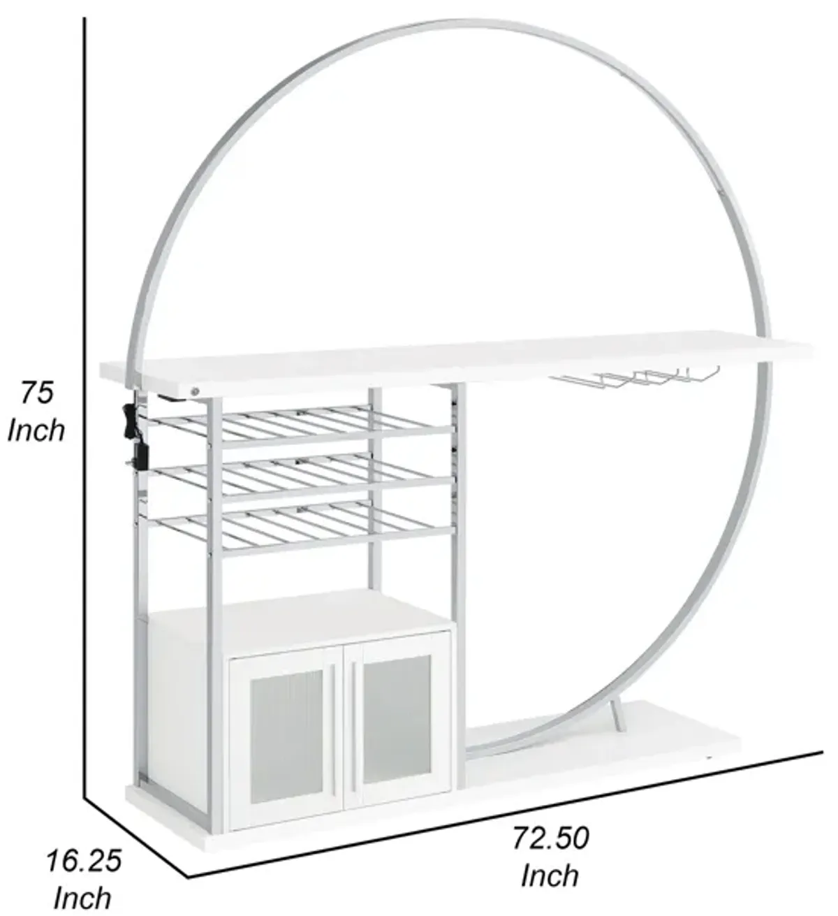 Riya Home Bar Table, LED Light, Cabinets, Wine Storage, White, Chrome Metal - Benzara