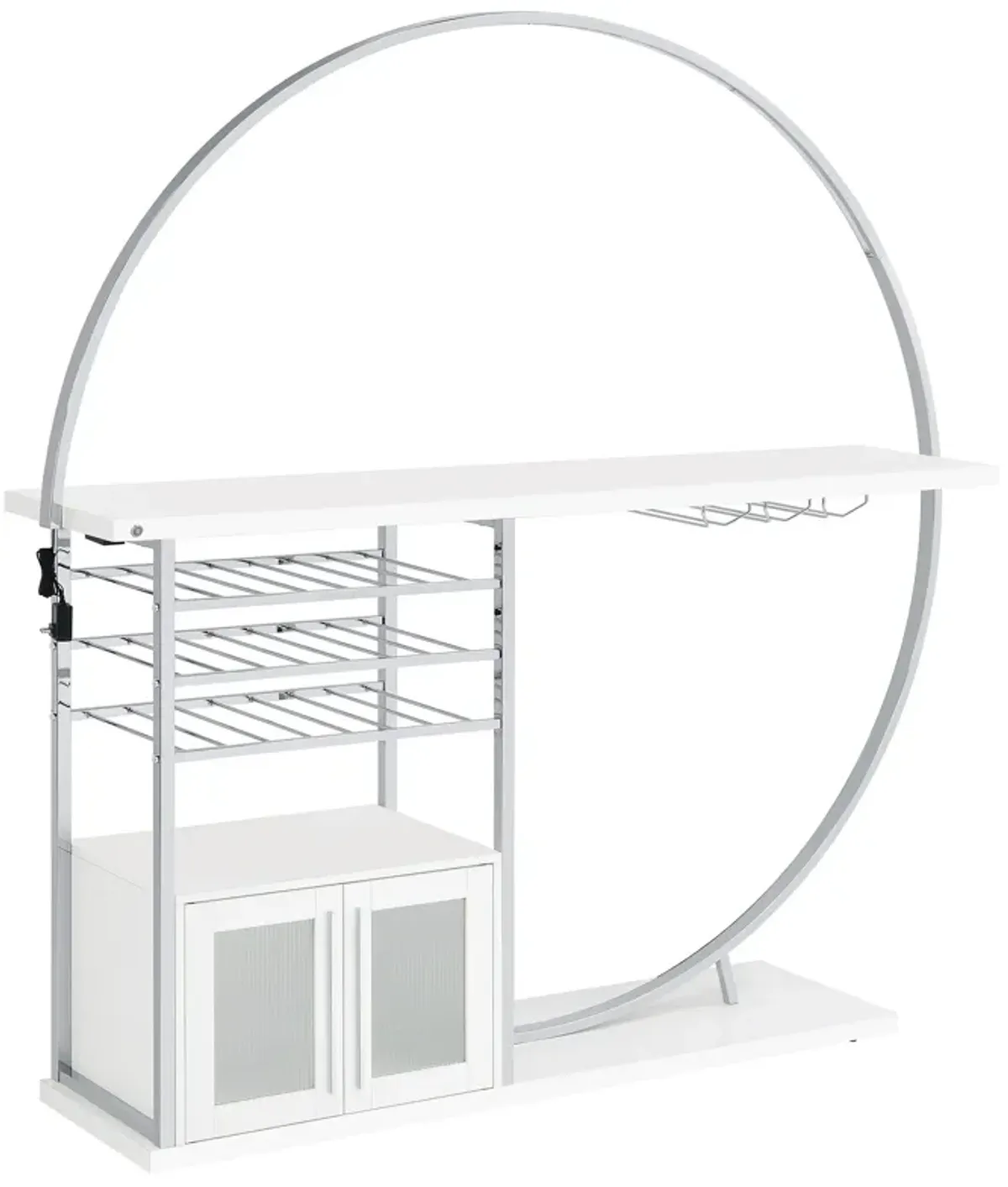 Riya Home Bar Table, LED Light, Cabinets, Wine Storage, White, Chrome Metal - Benzara