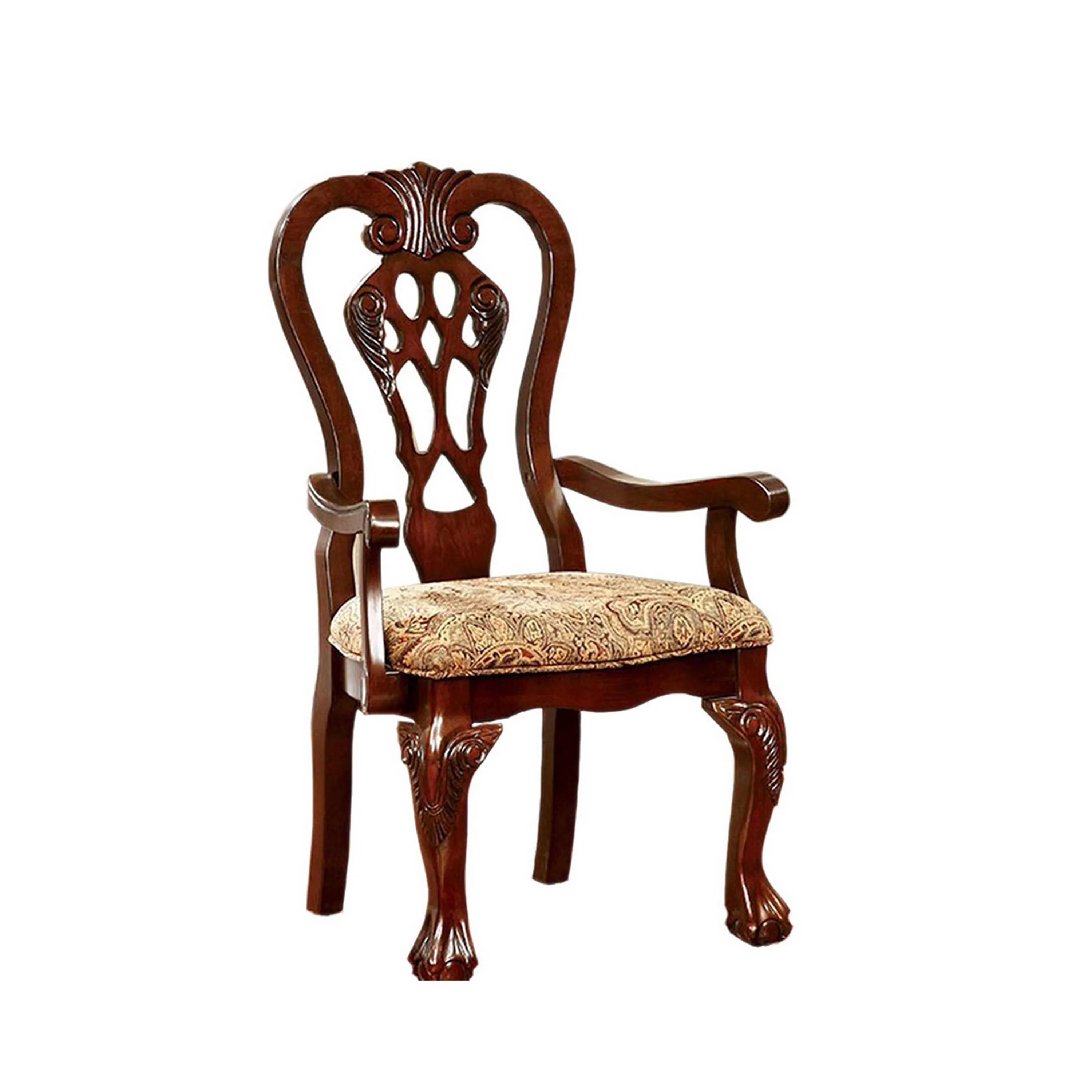 Elana Traditional Arm Chair With fabric, Brown Cherry Finish, Set of 2-Benzara