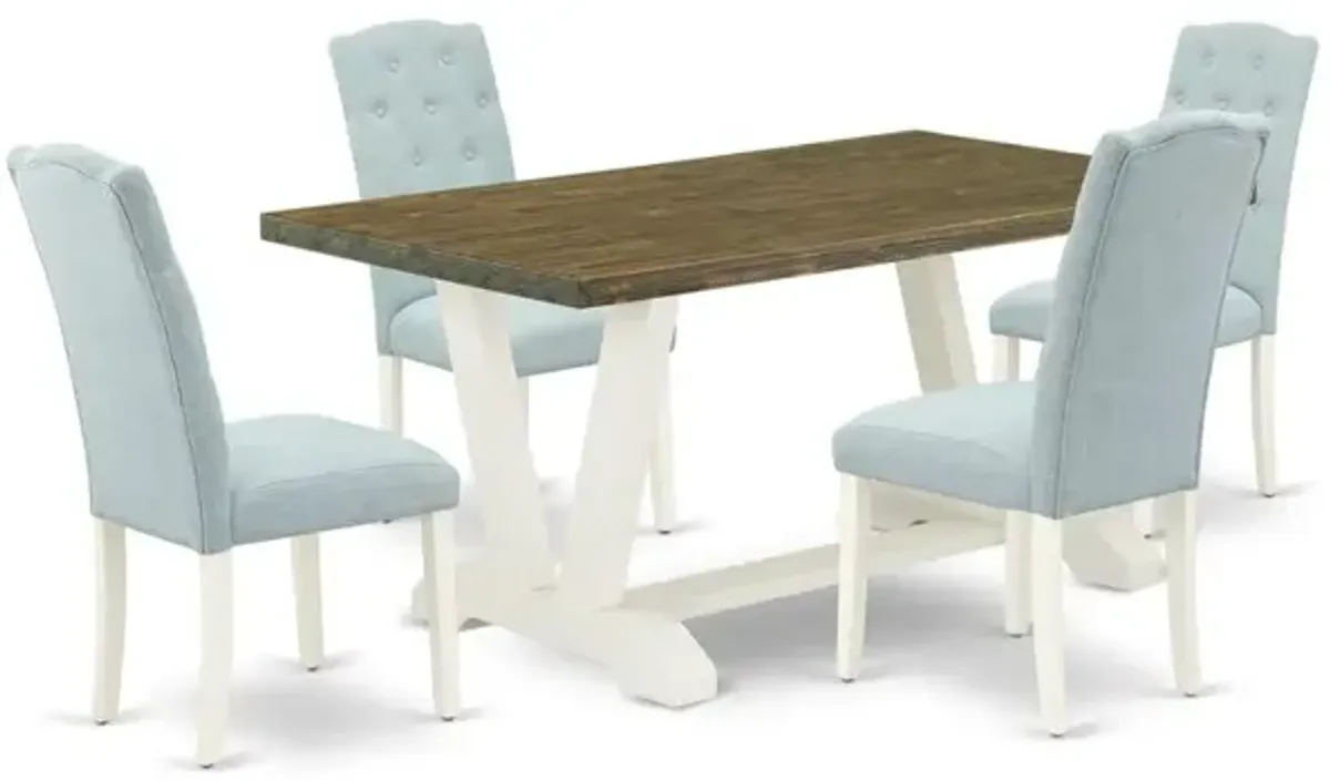 East West Furniture V076CE215-5 5-Piece Dining Set- 4 Dining Room Chairs with Baby Blue Linen Fabric Seat and Button Tufted Chair Back - Rectangular Table Top & Wooden Legs - Distressed Jacobean and L