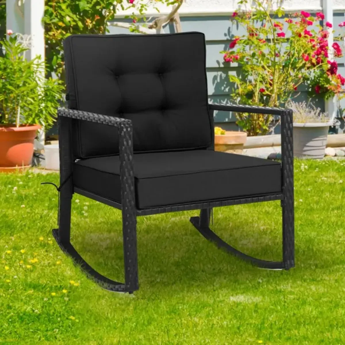 Hivvago Patio Rattan Rocker Outdoor Glider Rocking Chair Cushion Lawn