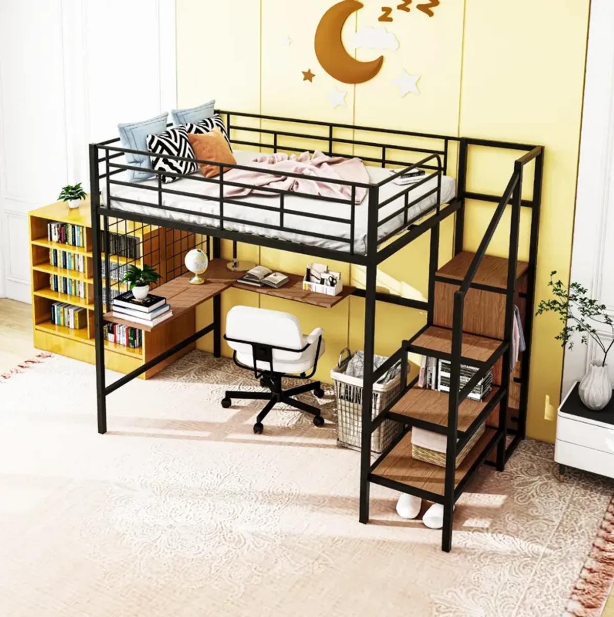 Merax  Metal Loft Bed with Desk and Wardrobe