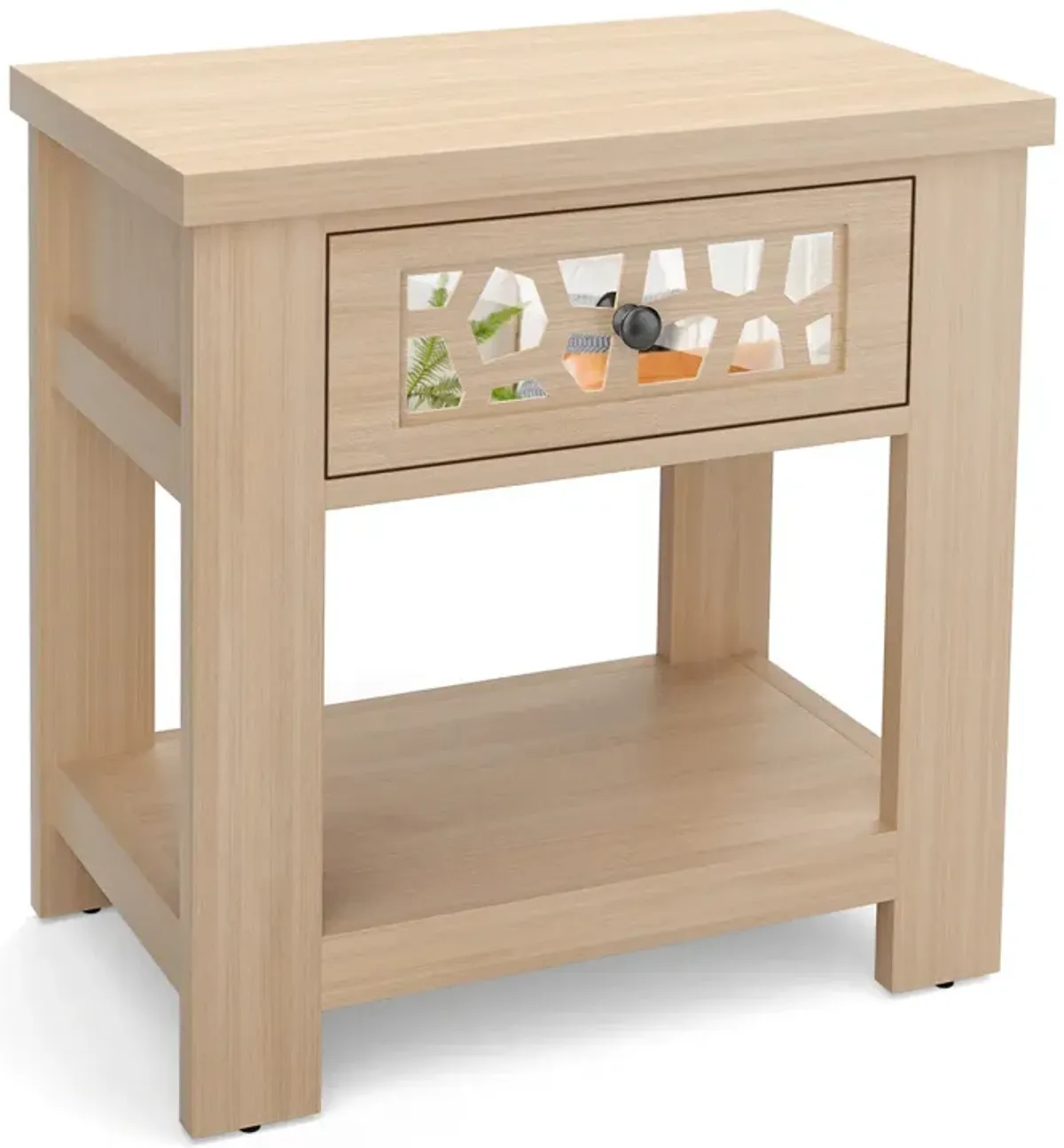 Wood Retro End Table with Mirrored Glass Drawer and Open Storage Shelf