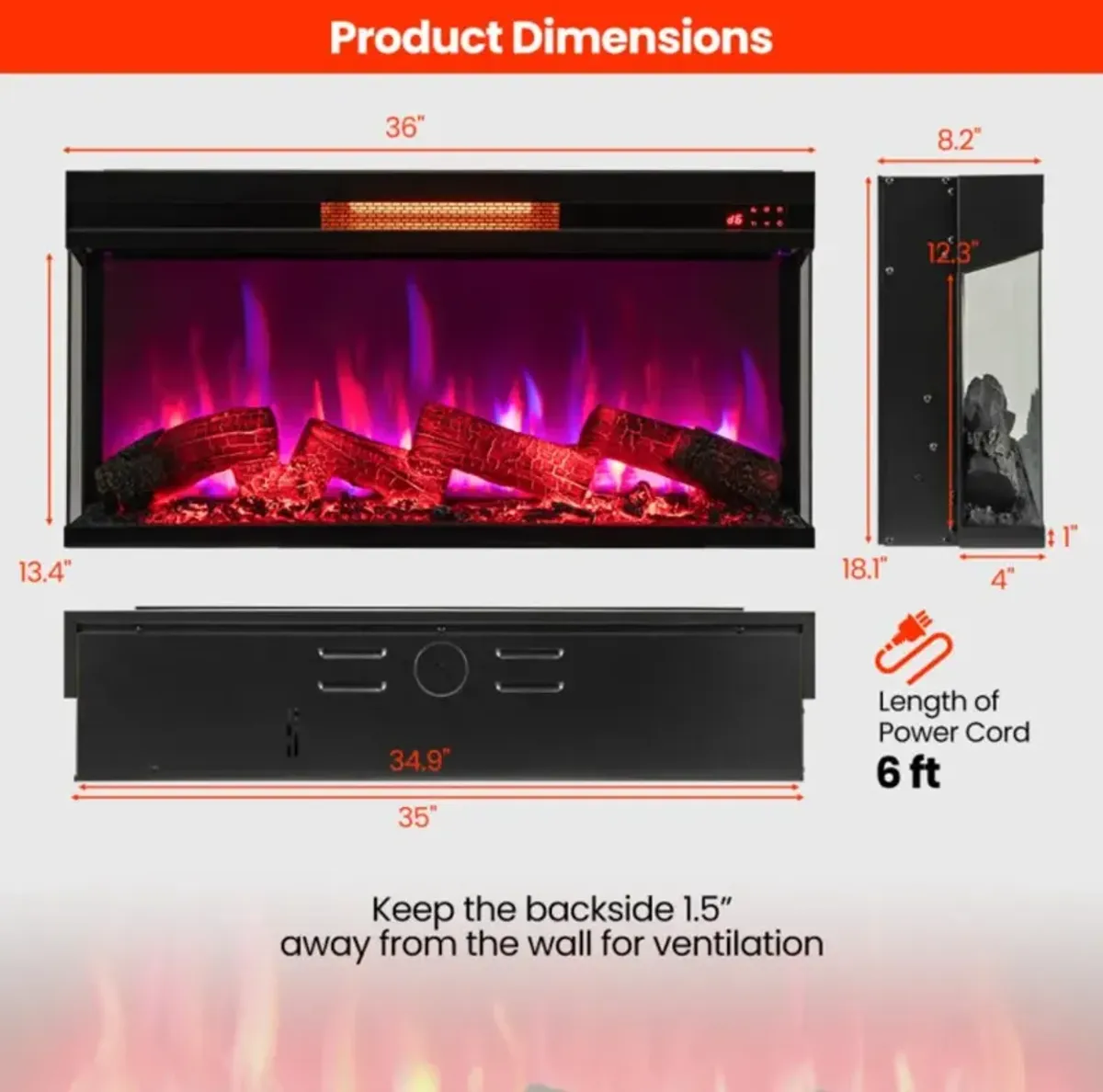 Hivvago 36 Inch 3-Sided 1500W Electric Fireplace with 7-Color Flame-Black