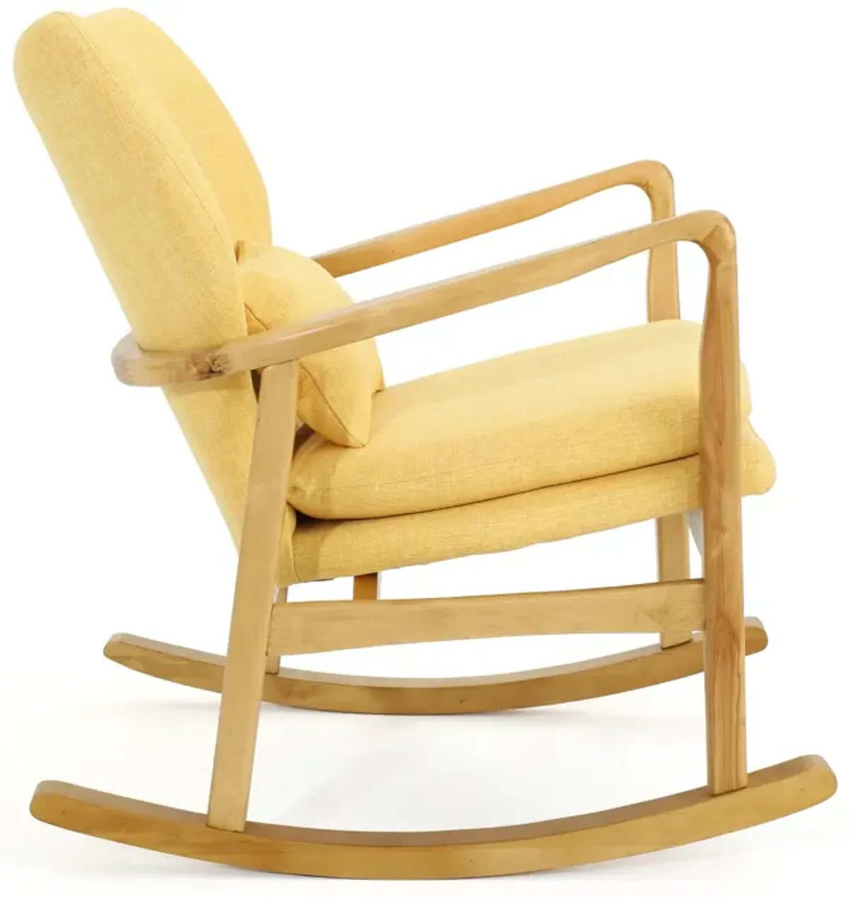 Quang Rocking Chair, Button-Tufted, Natural Brown Solid Wood, Yellow Linen - Benzara