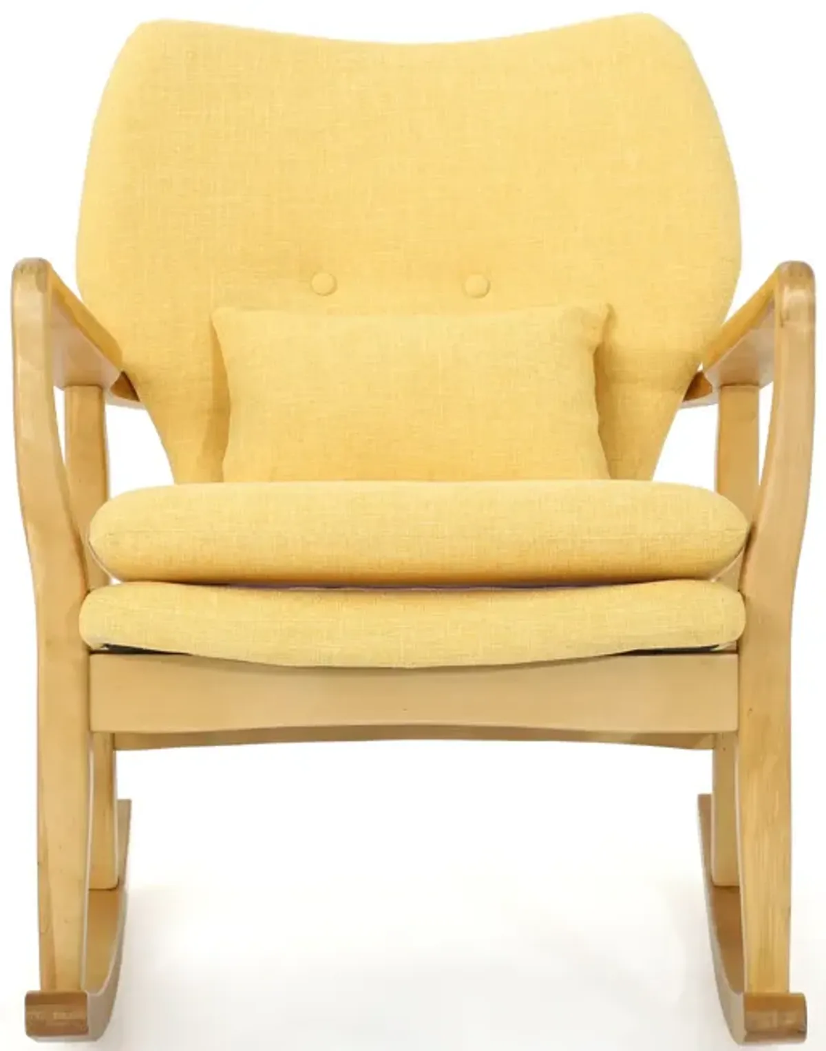 Quang Rocking Chair, Button-Tufted, Natural Brown Solid Wood, Yellow Linen - Benzara