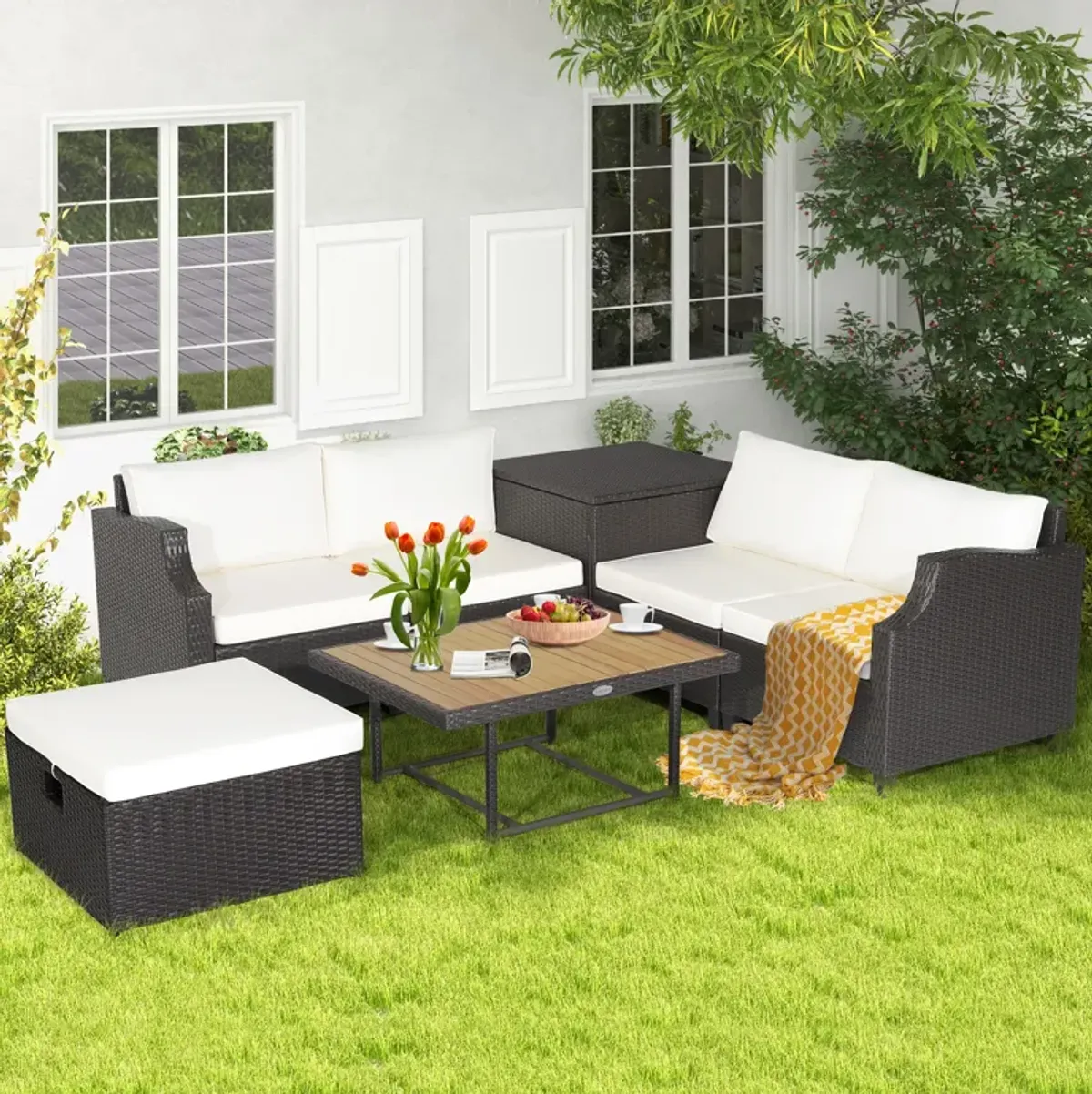 7 Pieces Hand-Woven Wicker Outdoor Furniture Set with Acacia Wood Coffee Table-White