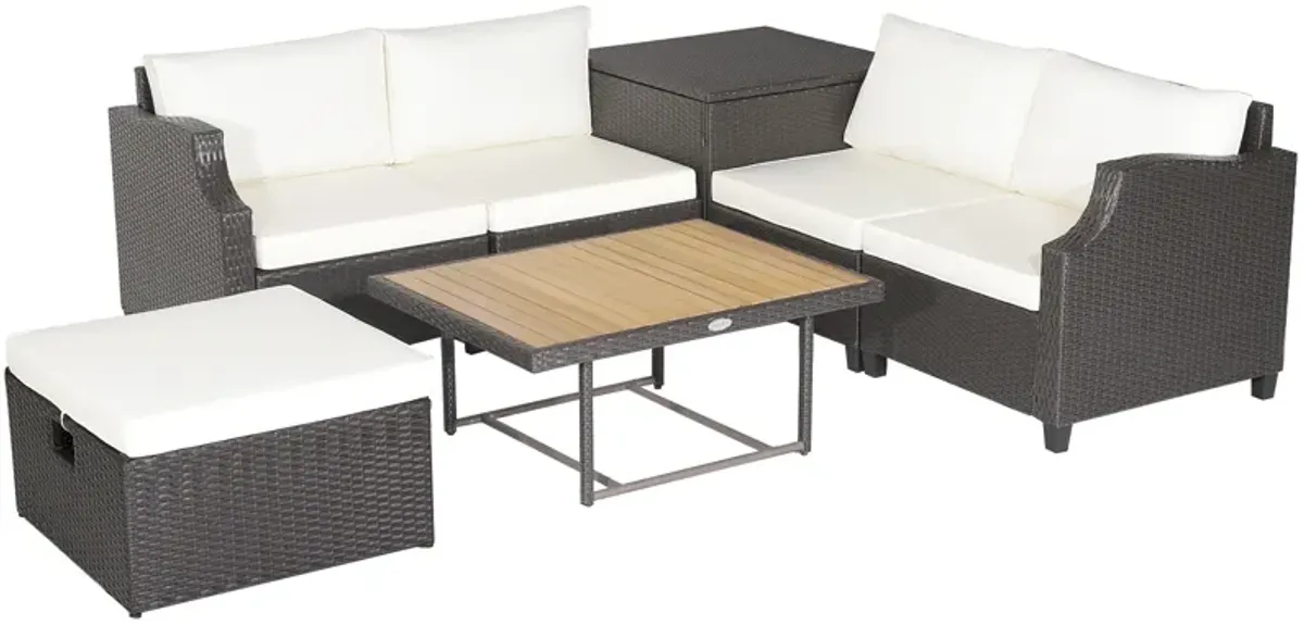 7 Pieces Hand-Woven Wicker Outdoor Furniture Set with Acacia Wood Coffee Table-White