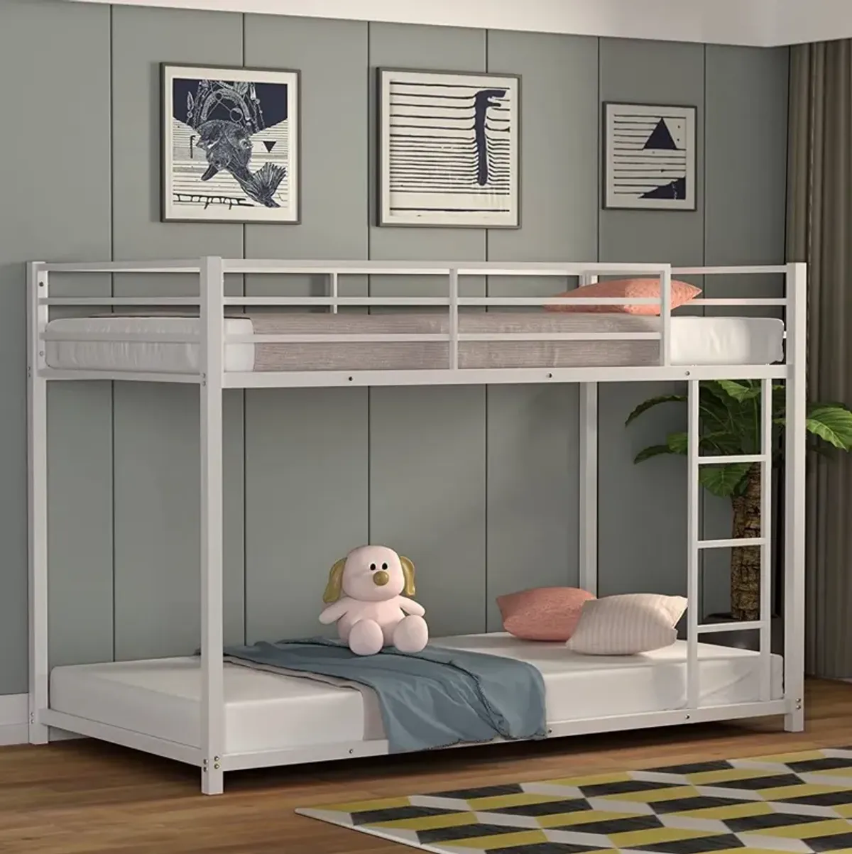 QuikFurn Twin over Twin Low Profile Modern Bunk Bed Frame in White Metal Finish