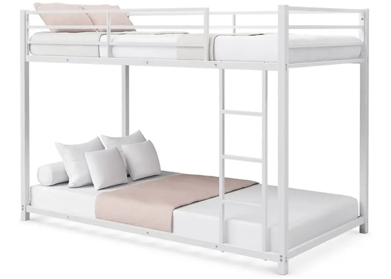 QuikFurn Twin over Twin Low Profile Modern Bunk Bed Frame in White Metal Finish