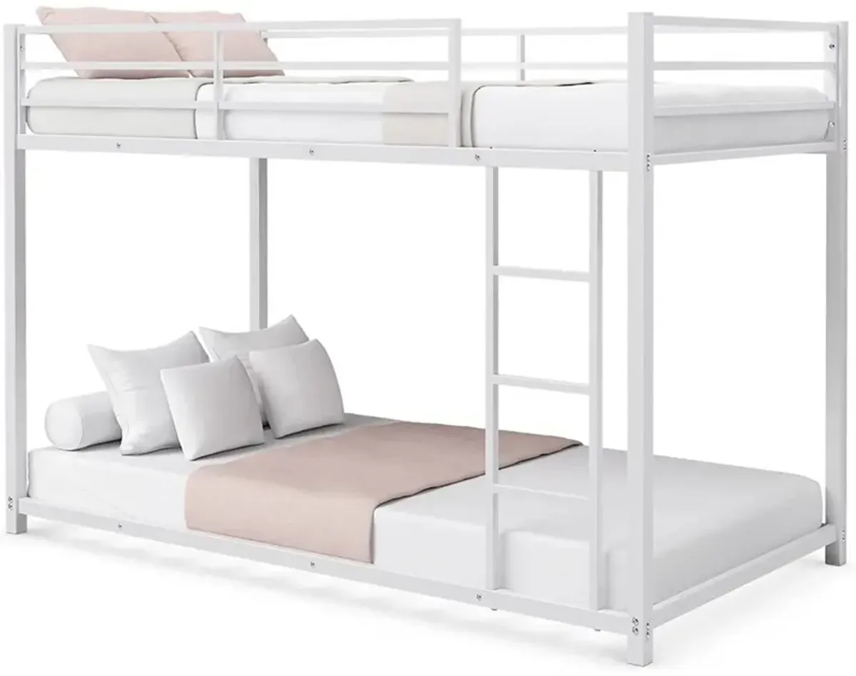 QuikFurn Twin over Twin Low Profile Modern Bunk Bed Frame in White Metal Finish