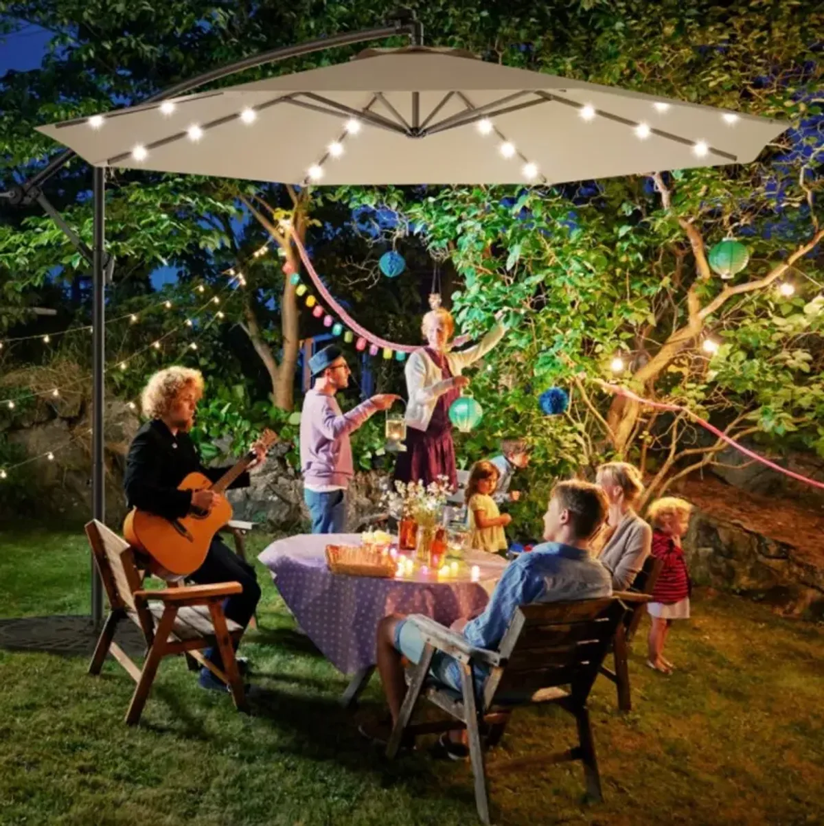 Hivvago 10 Feet Patio Umbrella with Crank and Solar LED Lights