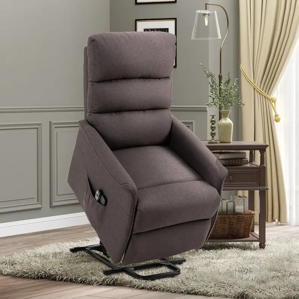 Brown Senior Comfort: Linen Power Lift Recliner with Remote Control