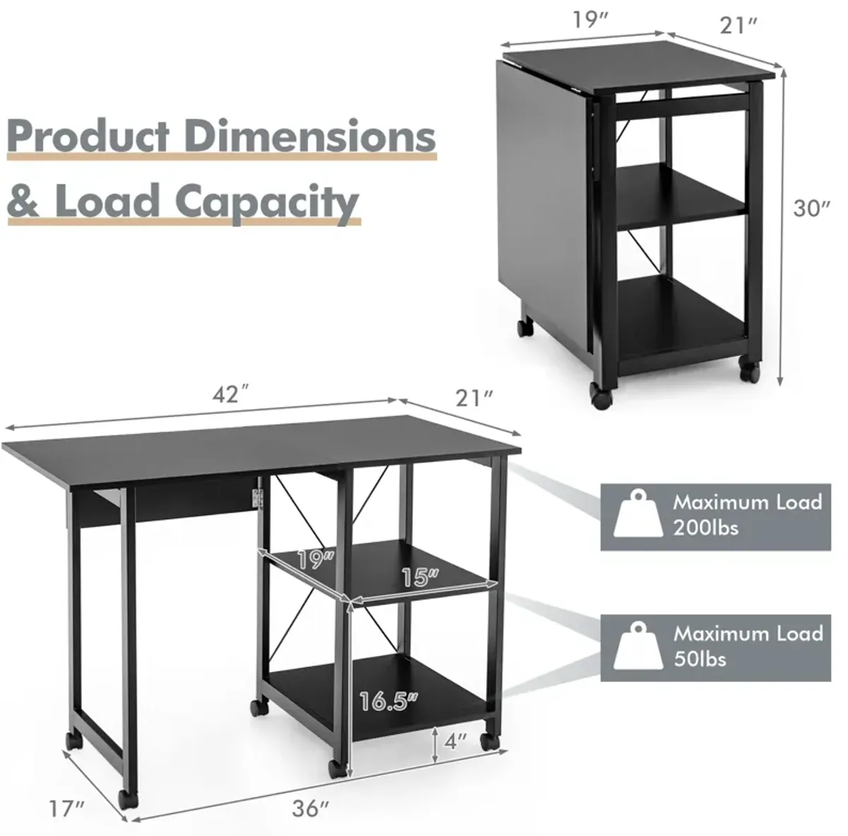 Rolling Folding Computer Desk with Storage Shelves