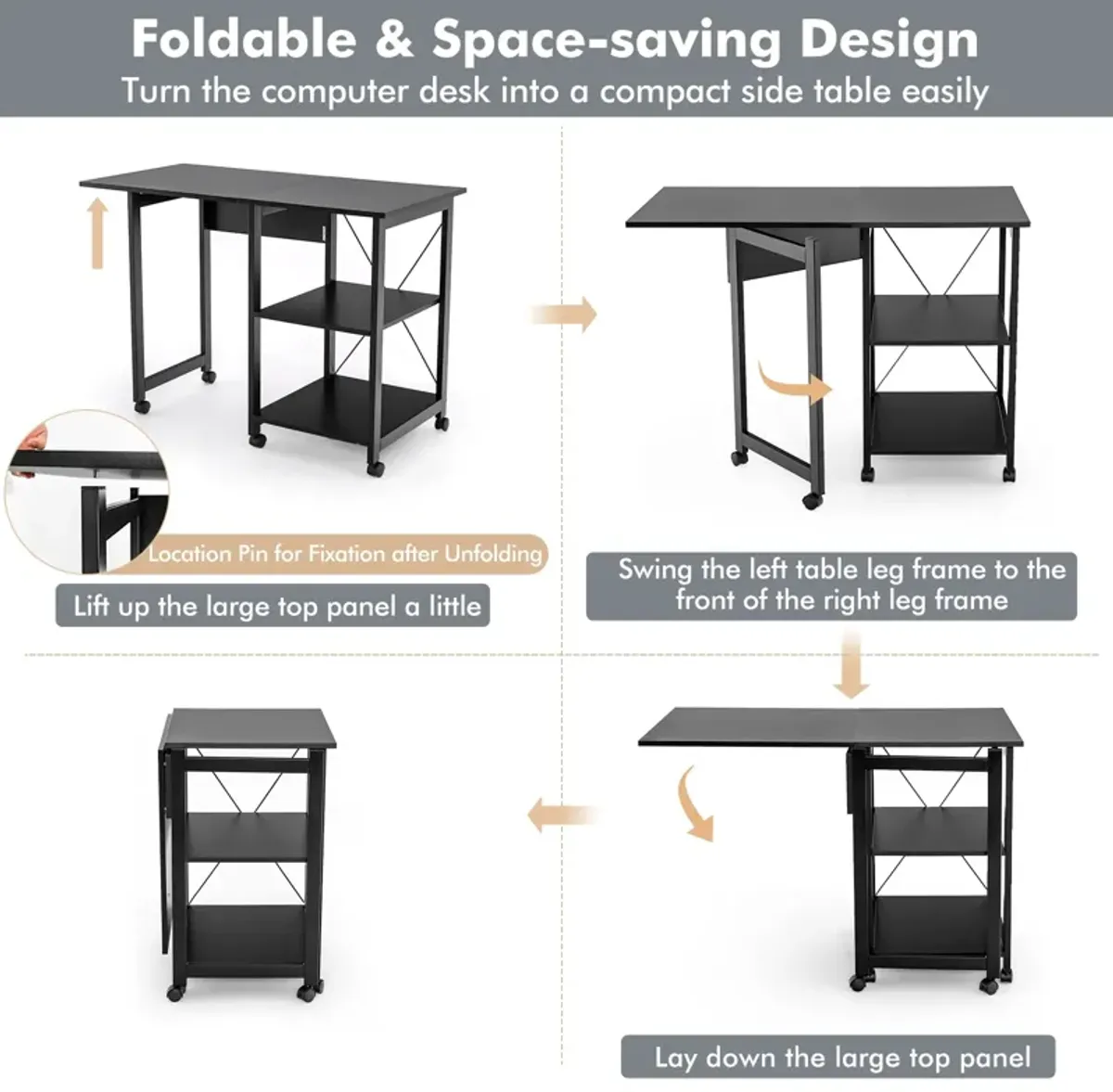 Rolling Folding Computer Desk with Storage Shelves