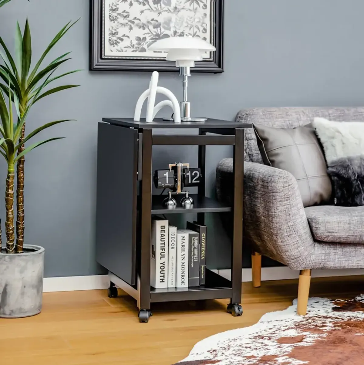 Rolling Folding Computer Desk with Storage Shelves