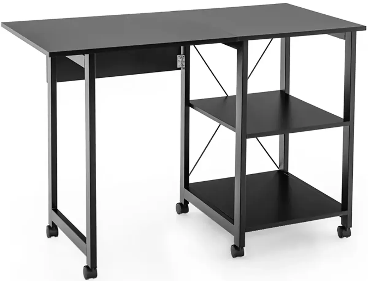 Rolling Folding Computer Desk with Storage Shelves