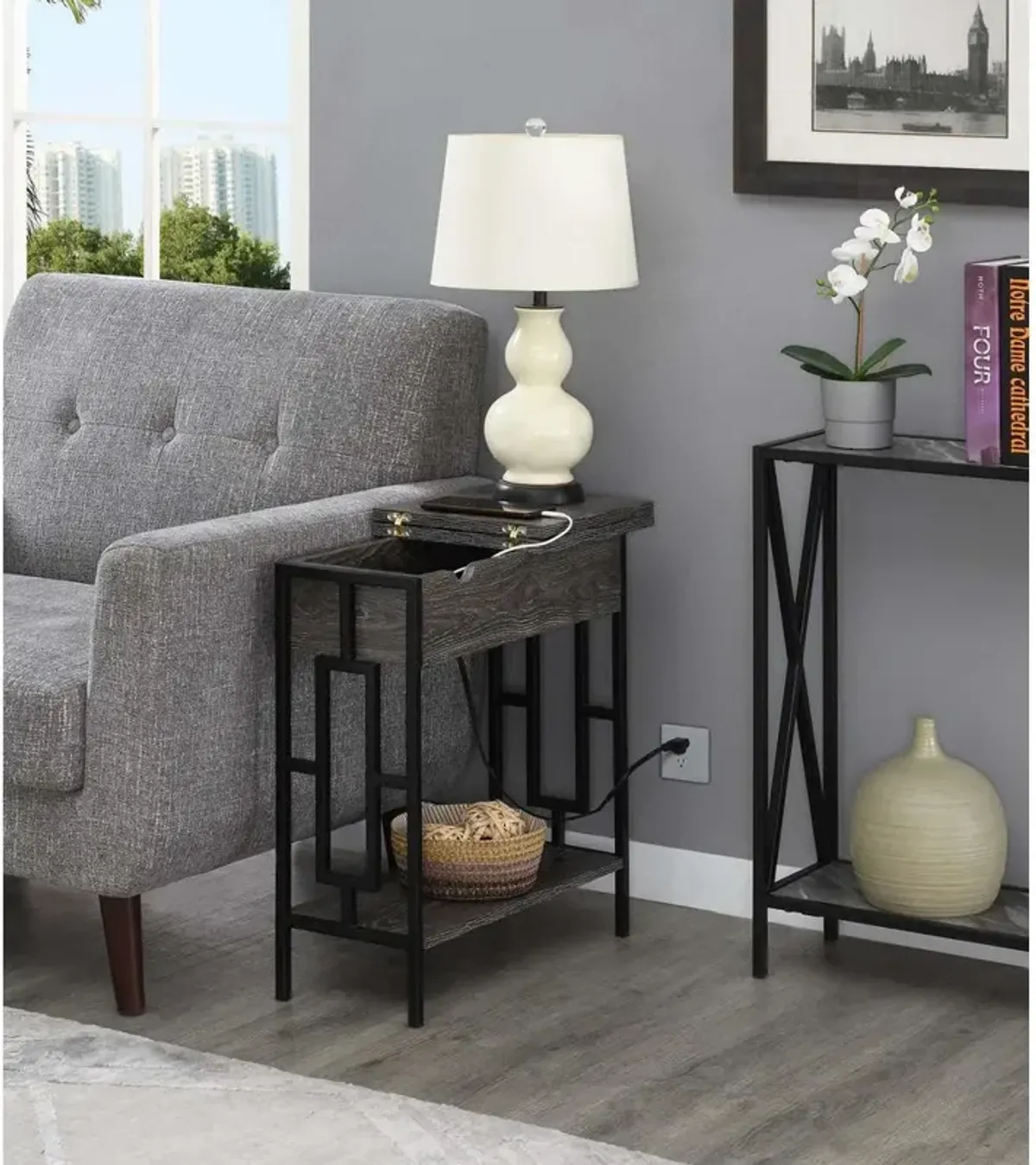 Convience Concept, Inc. Town Square Flip Top End Table with Charging Station and Shelf