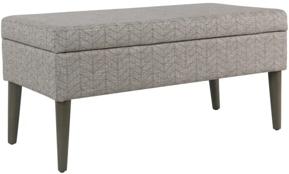 Chevron Patterned Fabric Upholstered Wooden Bench with Lift Top Storage, Gray - Benzara
