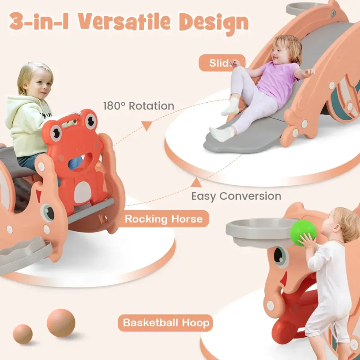 3-in-1 Kids Slide Rocking Horse Set Convertible Toddler Slide with Basketball Hoop