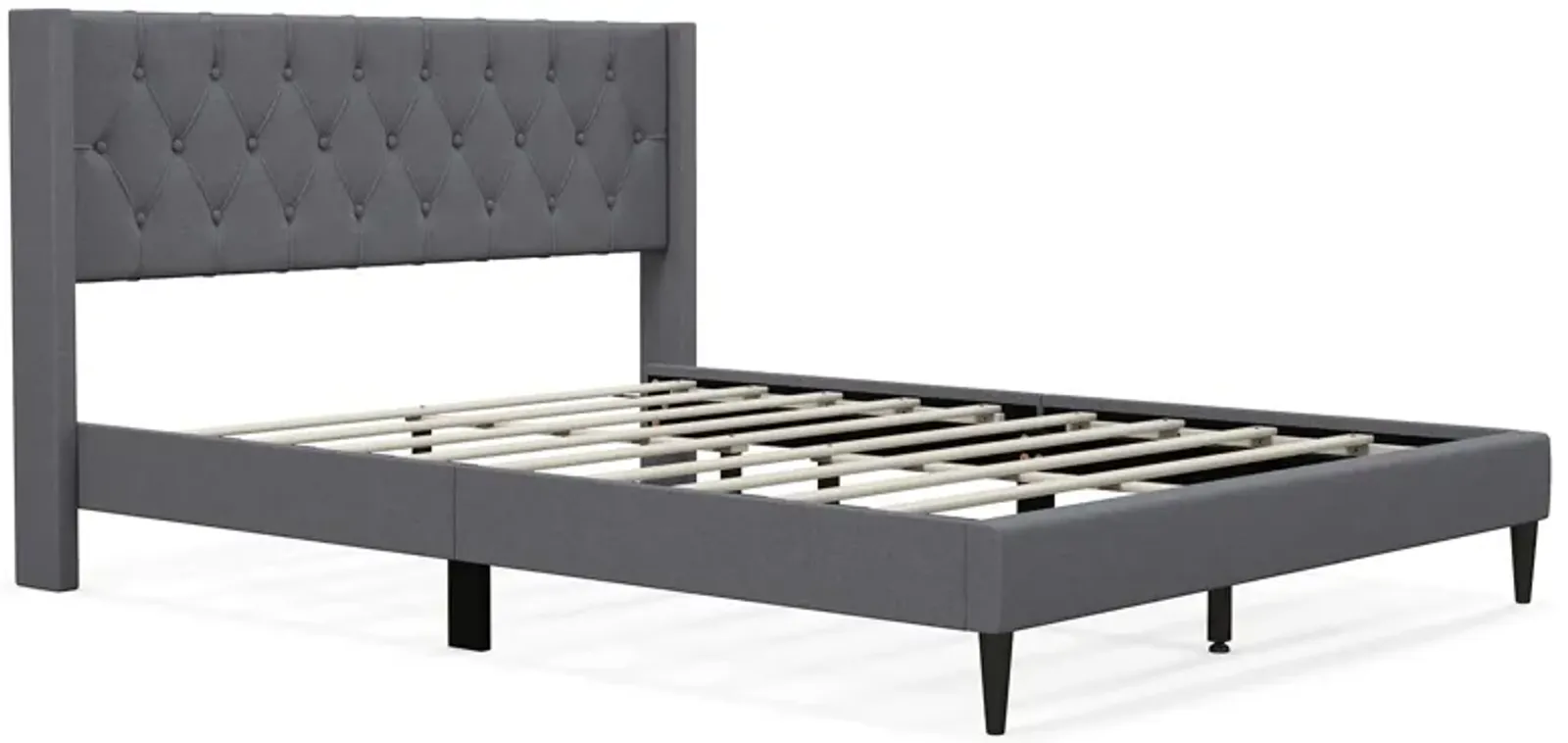 Queen Size Upholstered Platform Bed with Button Tufted Wingback Headboard-Gray