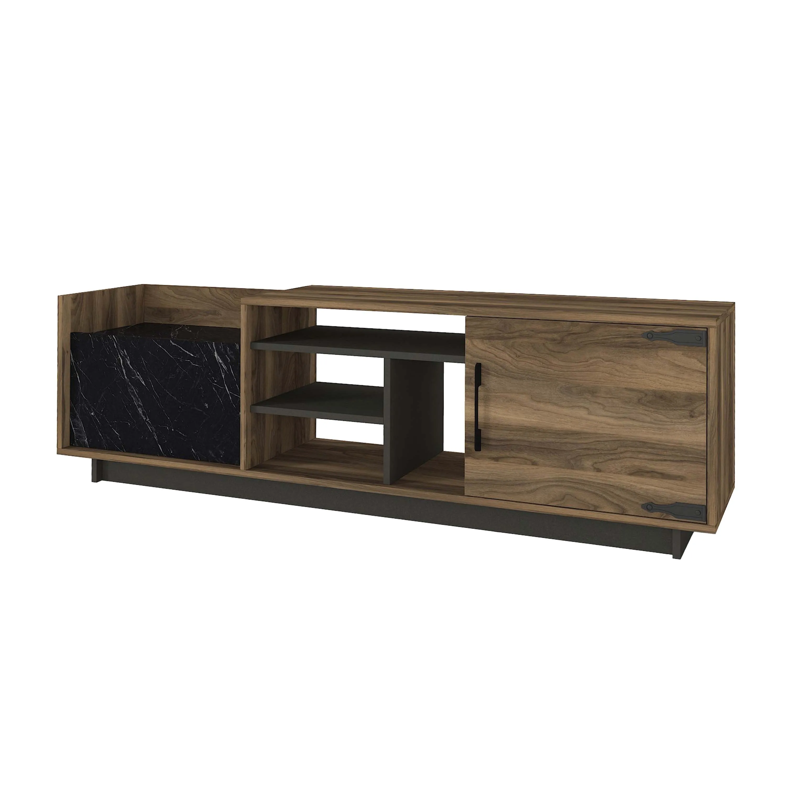 71 Inch Modern Wooden TV Console Cabinet, 2 Doors, 4 Open Compartments, Walnut and Black-Benzara