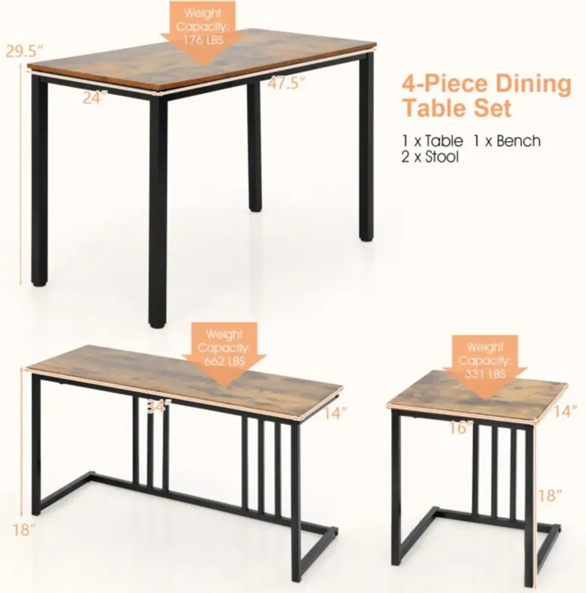 Hivvago 4 Pieces Industrial Dining Table Set with Bench and 2 Stools-Brown