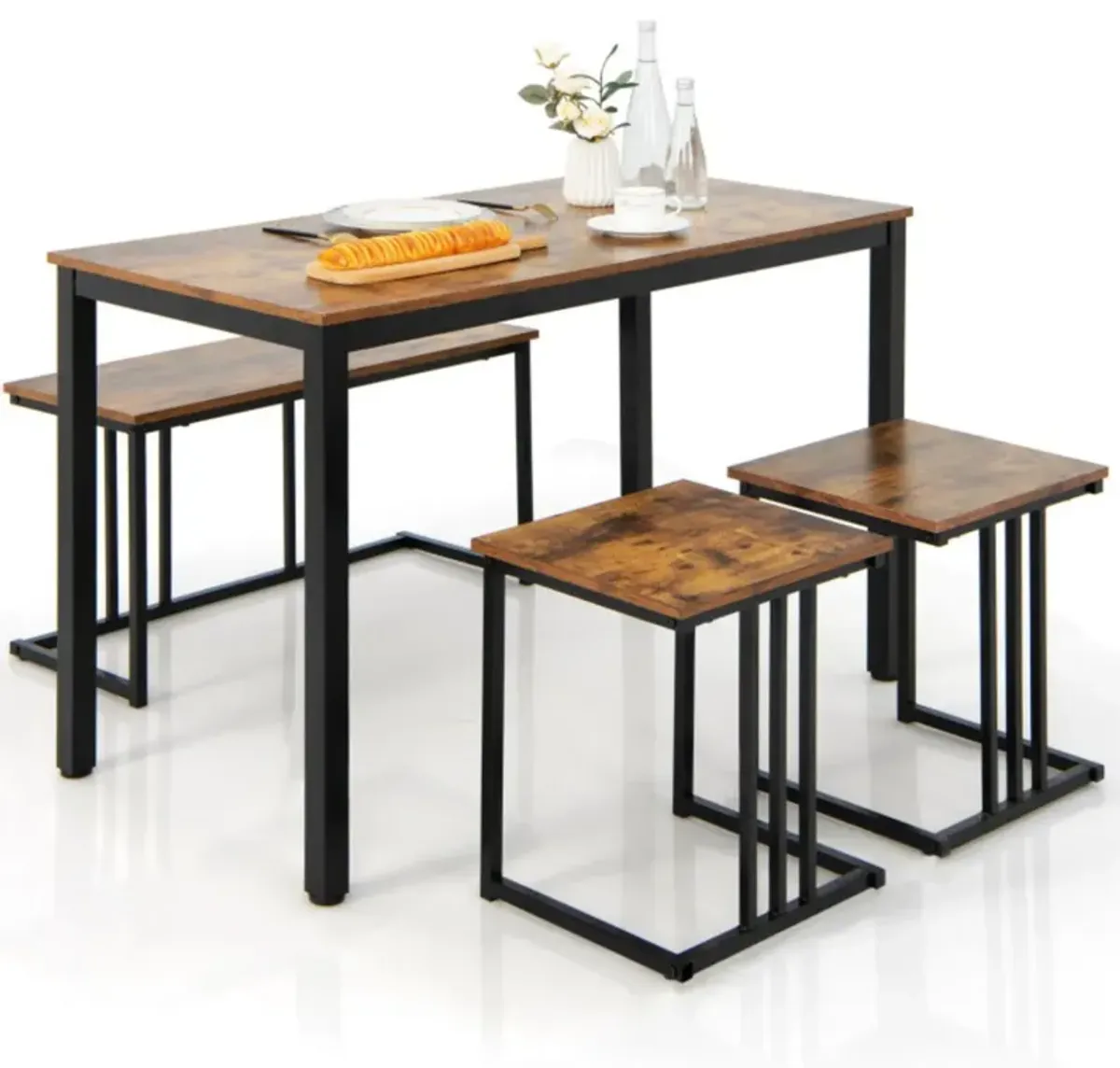 Hivvago 4 Pieces Industrial Dining Table Set with Bench and 2 Stools-Brown