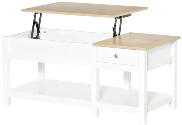 White and Oak Coffee Table: 43" Modern Lift Top with Hidden Storage, Open Shelf