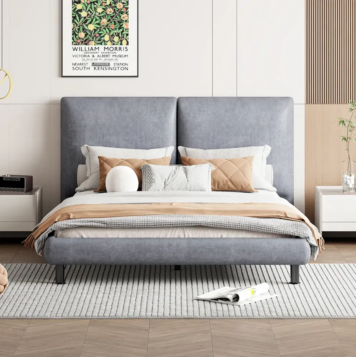 Merax Upholstered Platform Bed with Two Large Headrests