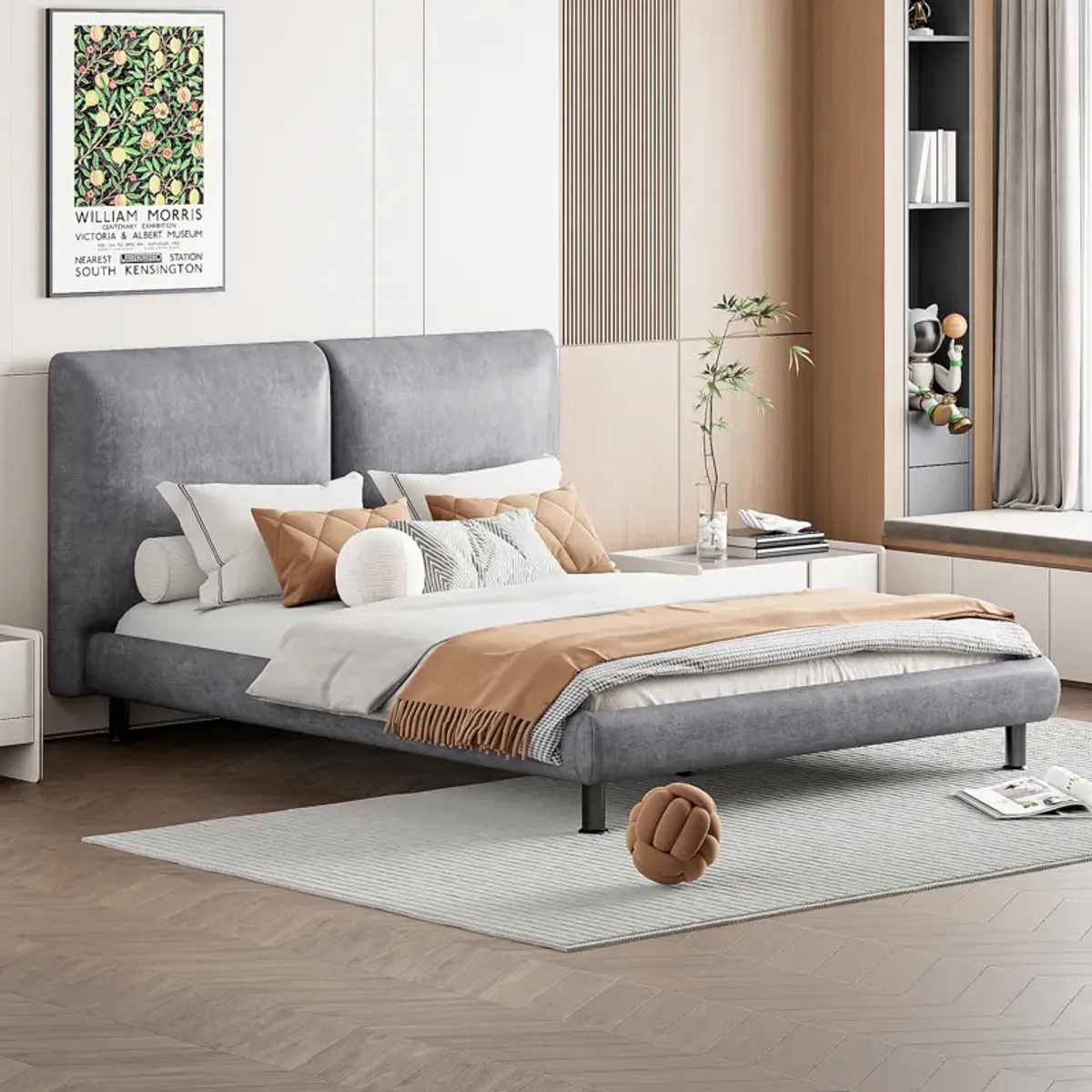 Merax Upholstered Platform Bed with Two Large Headrests