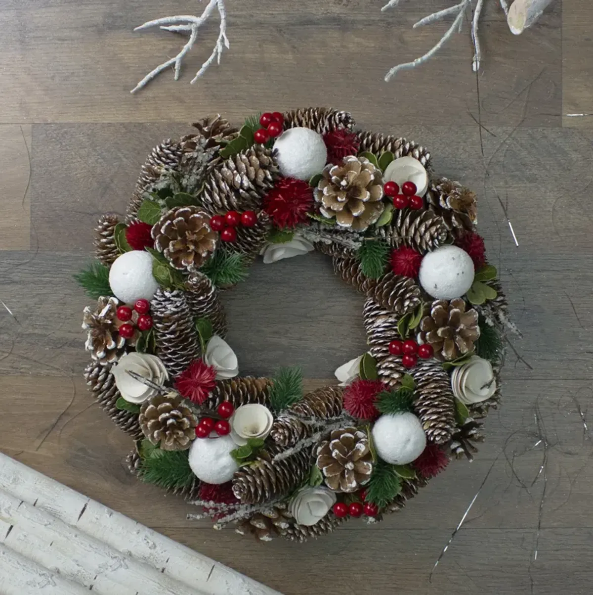 White Wooden Rose and Pine Cone Artificial Christmas Wreath 13.5-Inch  Unlit