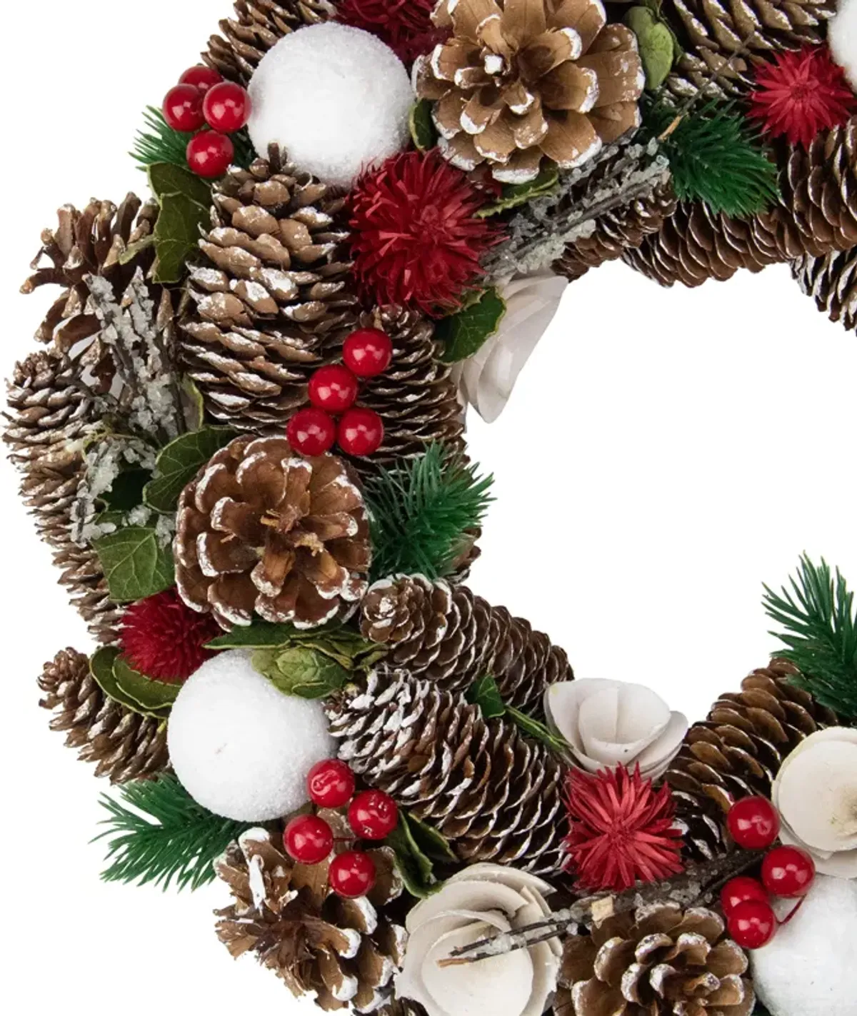 White Wooden Rose and Pine Cone Artificial Christmas Wreath 13.5-Inch  Unlit