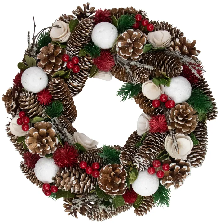 White Wooden Rose and Pine Cone Artificial Christmas Wreath 13.5-Inch  Unlit