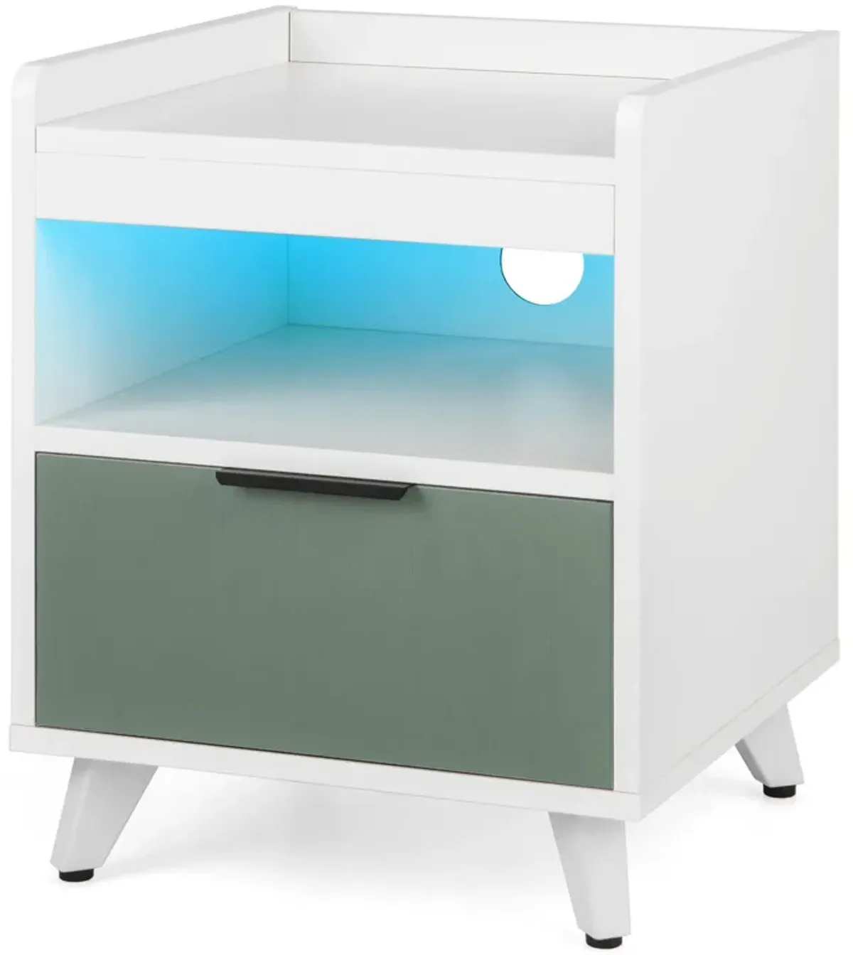 Modern Nightstand with LED Lights Sliding Drawer and Open Compartment-White