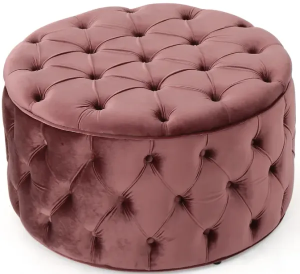 Keja Ottoman, Tufted Blush Pink Velvet, Soft Cushioning, Round 30 Inch - Benzara
