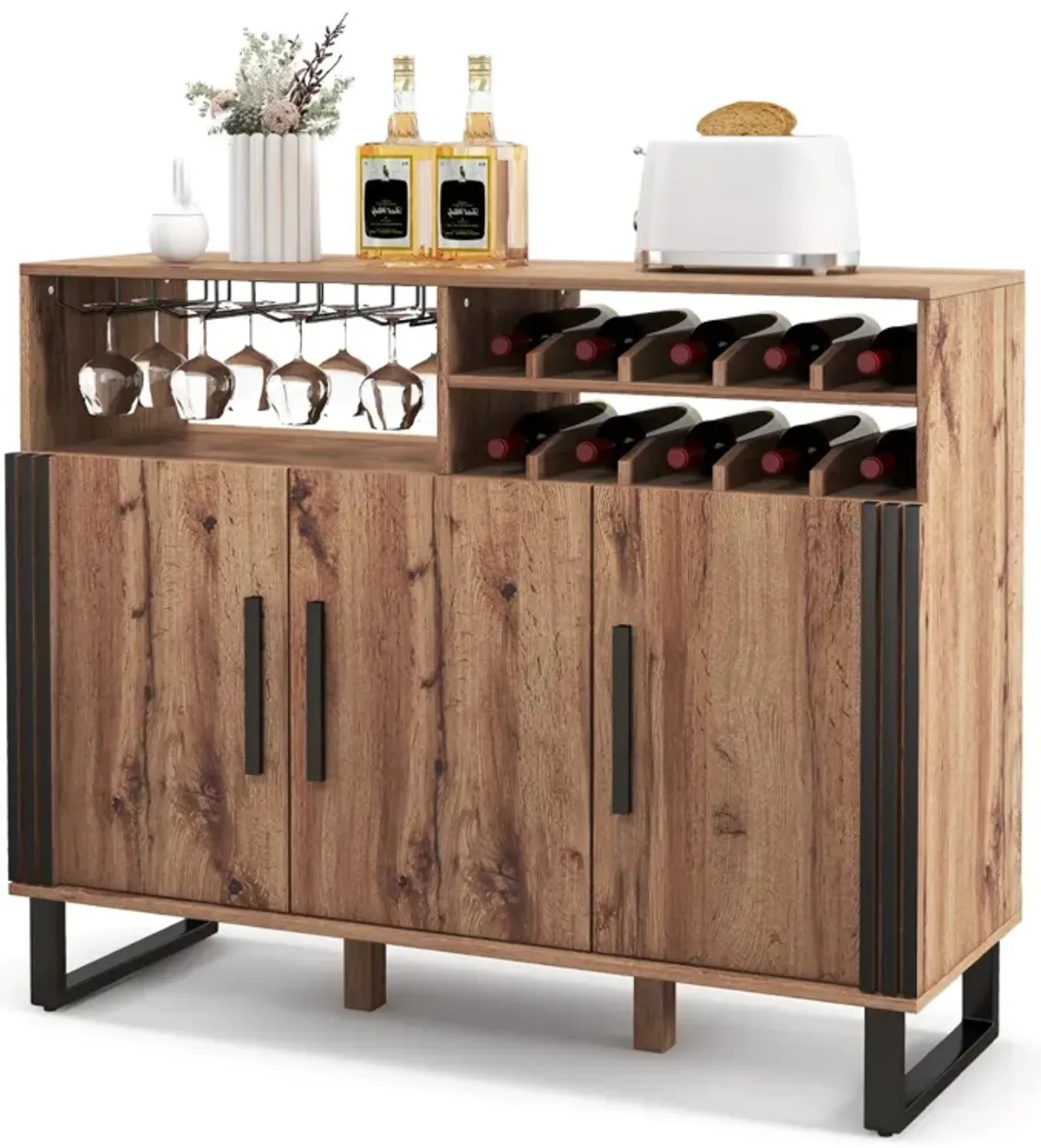 Home Wine Bar Cabinet with 3 Doors and Adjustable Shelves-Brown