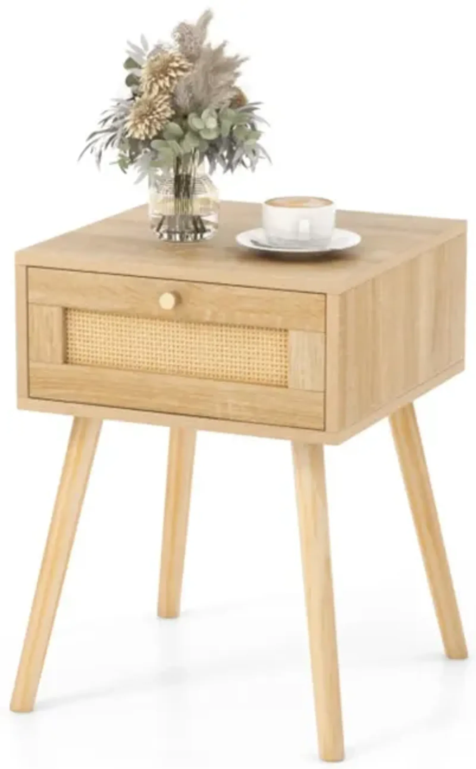 Hivvago Modern Rattan Nightstand with Drawer and Solid Wood Legs for Bedroom and Living Room-Natural