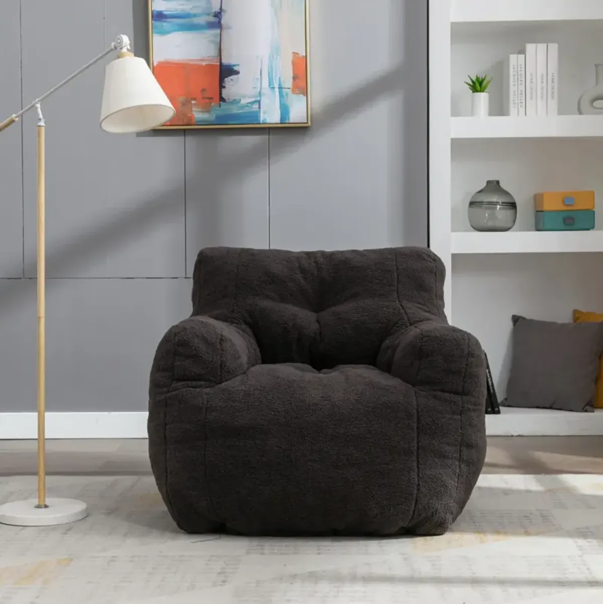 Soft Tufted Foam Bean Bag Chair With Teddy Fabric Dark Gray