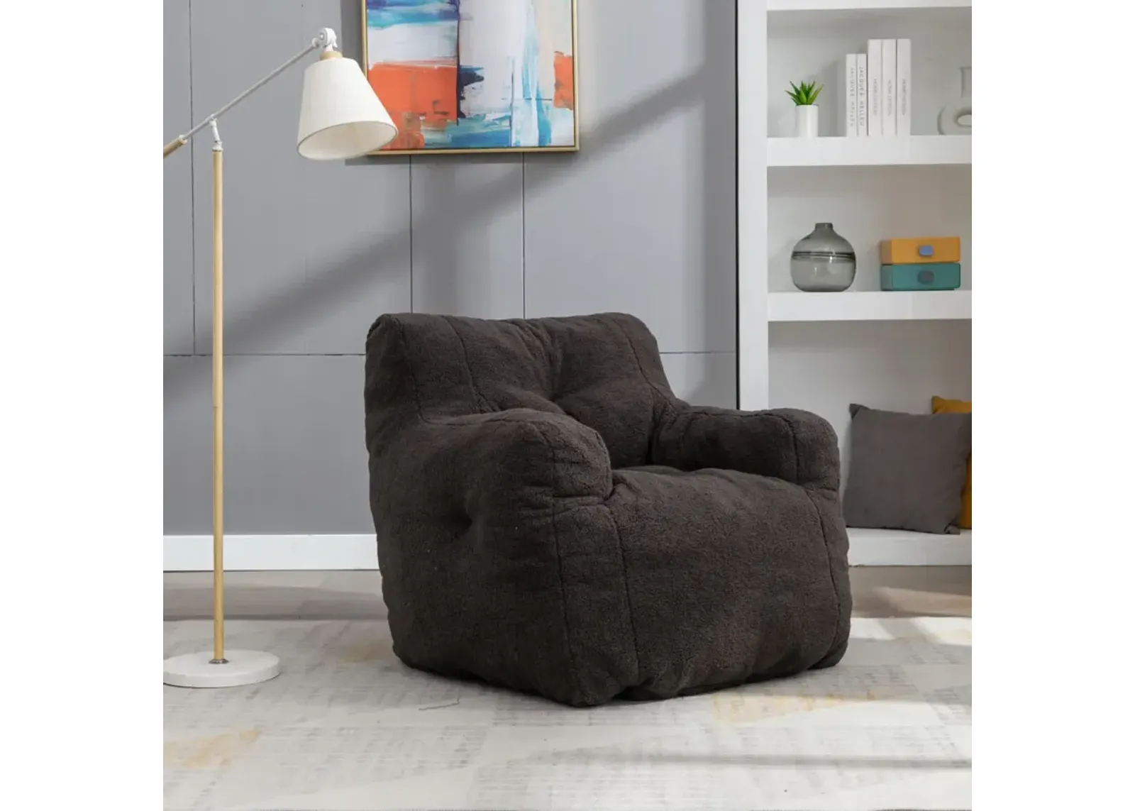 Soft Tufted Foam Bean Bag Chair With Teddy Fabric Dark Gray