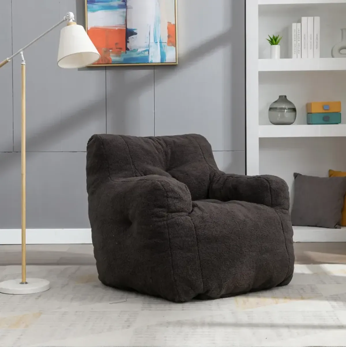 Soft Tufted Foam Bean Bag Chair With Teddy Fabric Dark Gray