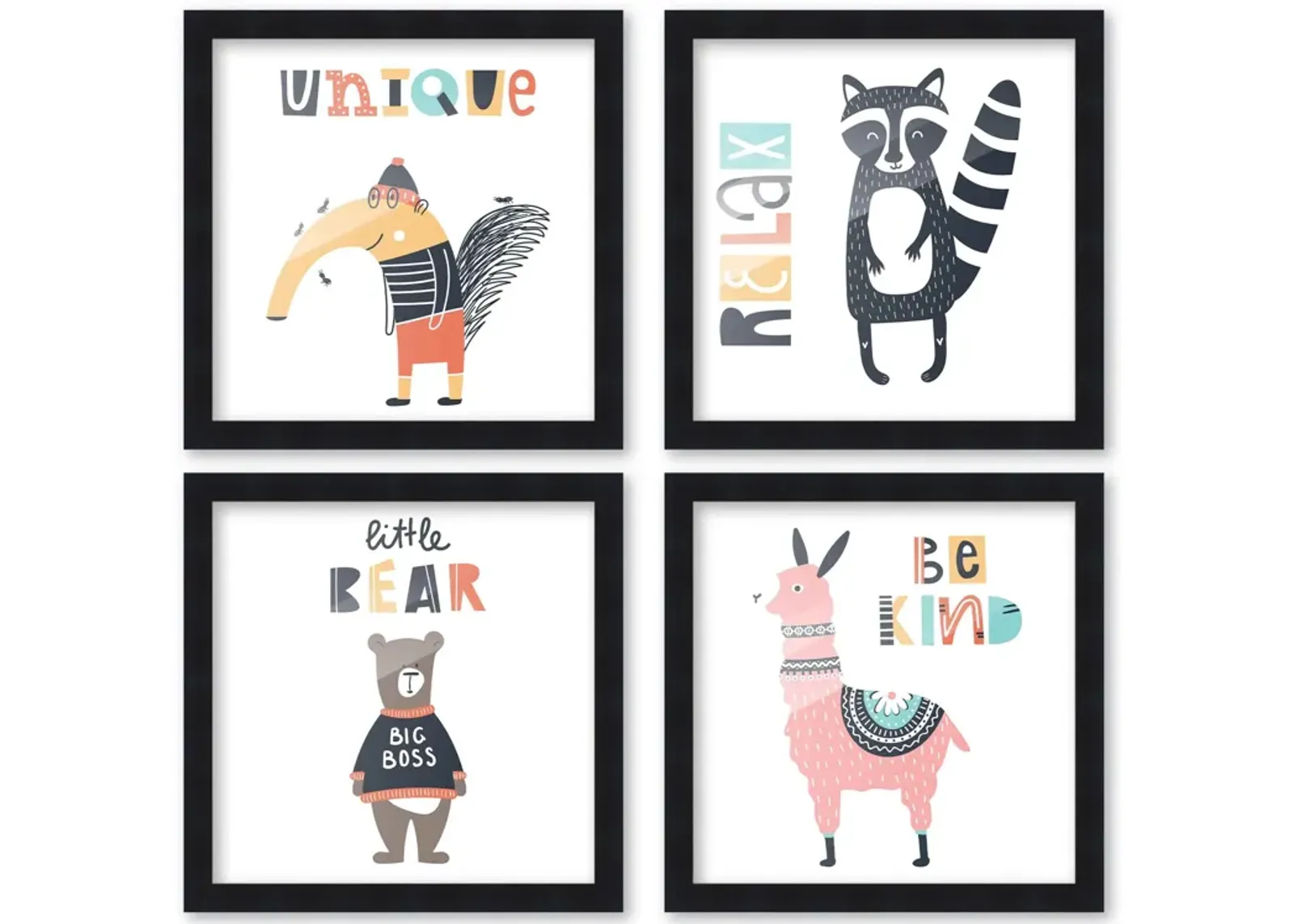 10x10 Framed Nursery Wall Art Set of 4 Be Kind Animal Prints in Black Wood Frames