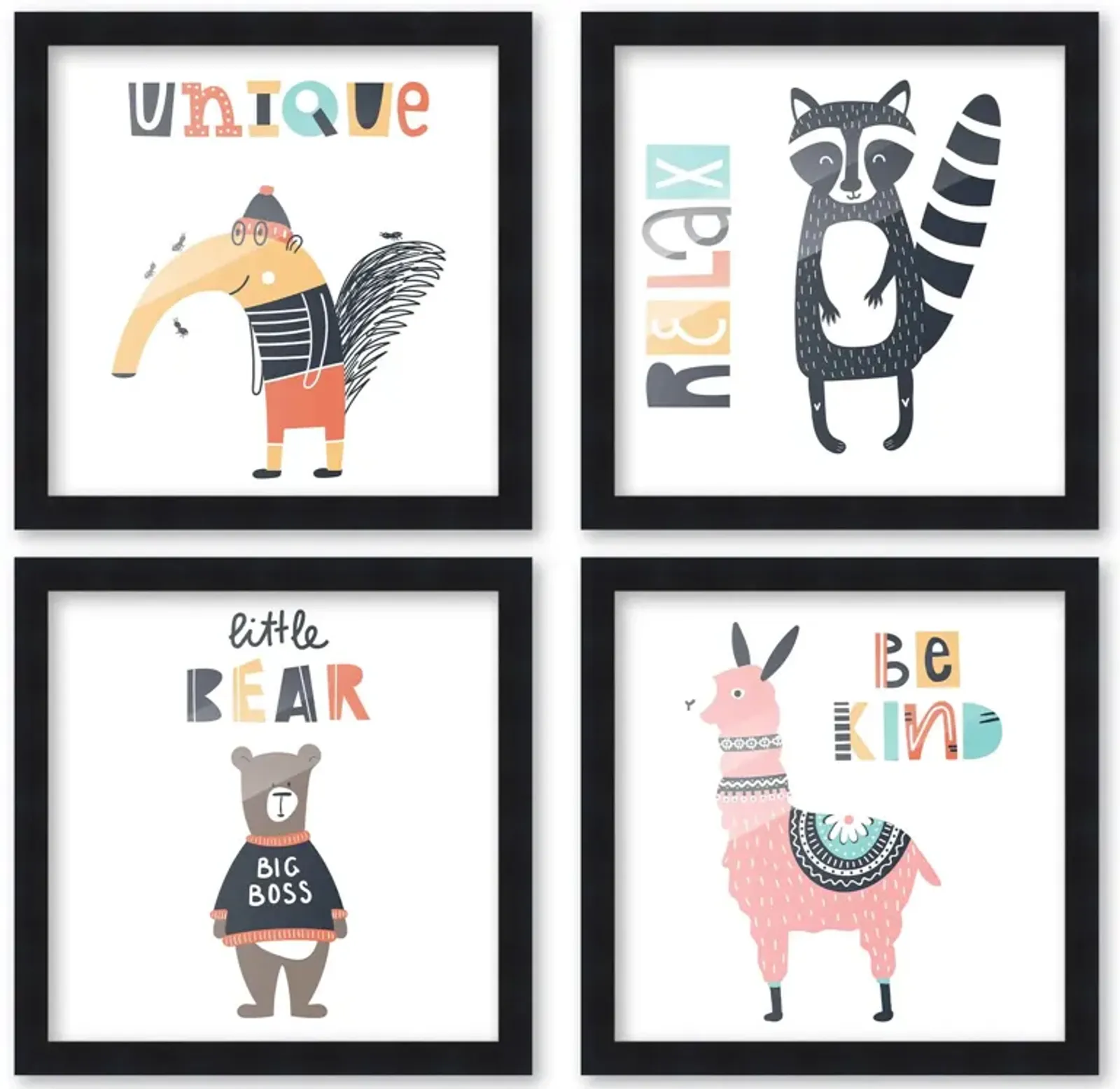 10x10 Framed Nursery Wall Art Set of 4 Be Kind Animal Prints in Black Wood Frames