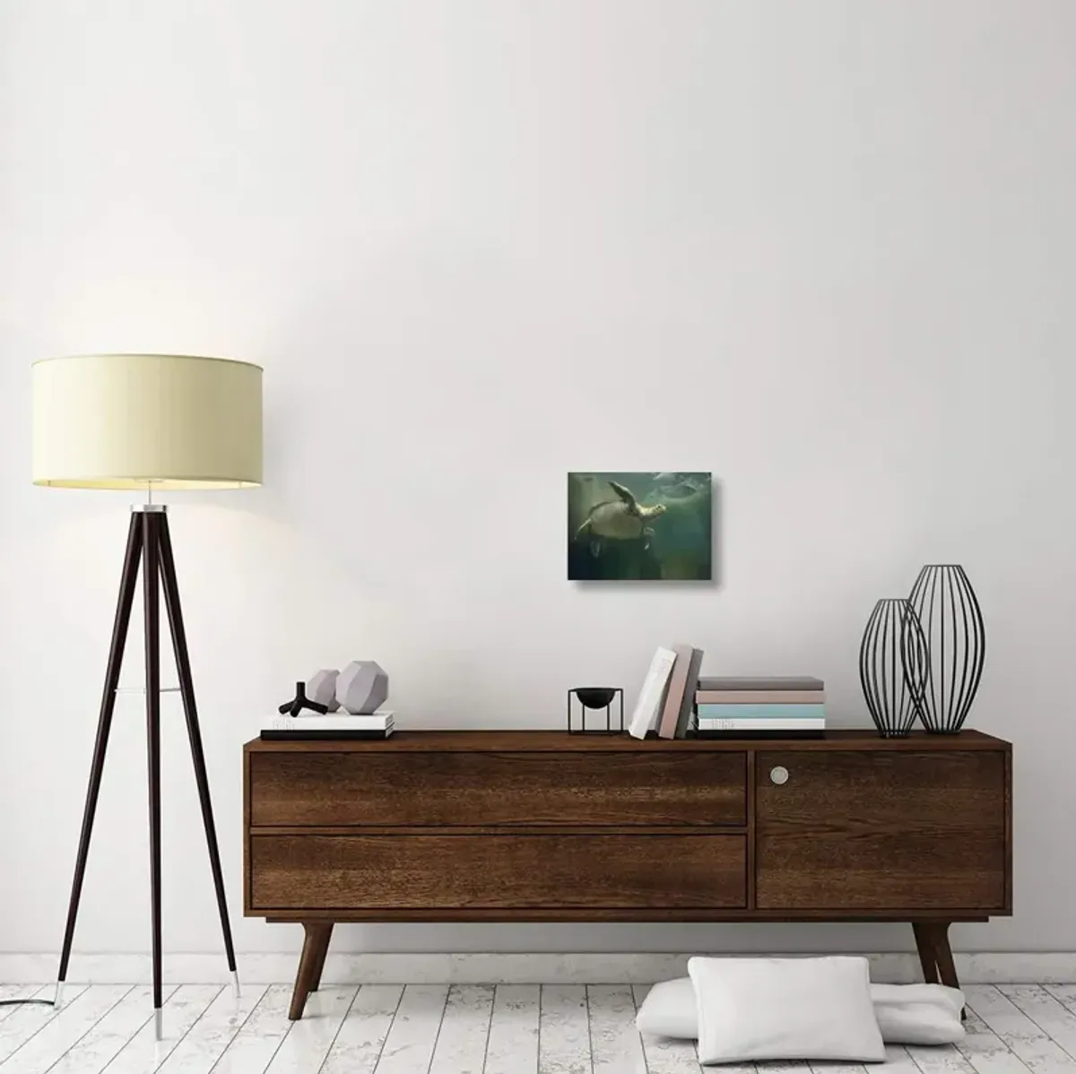 Green Sea Turtle and fish, Sabah, Malaysia-Canvas Art-16x12