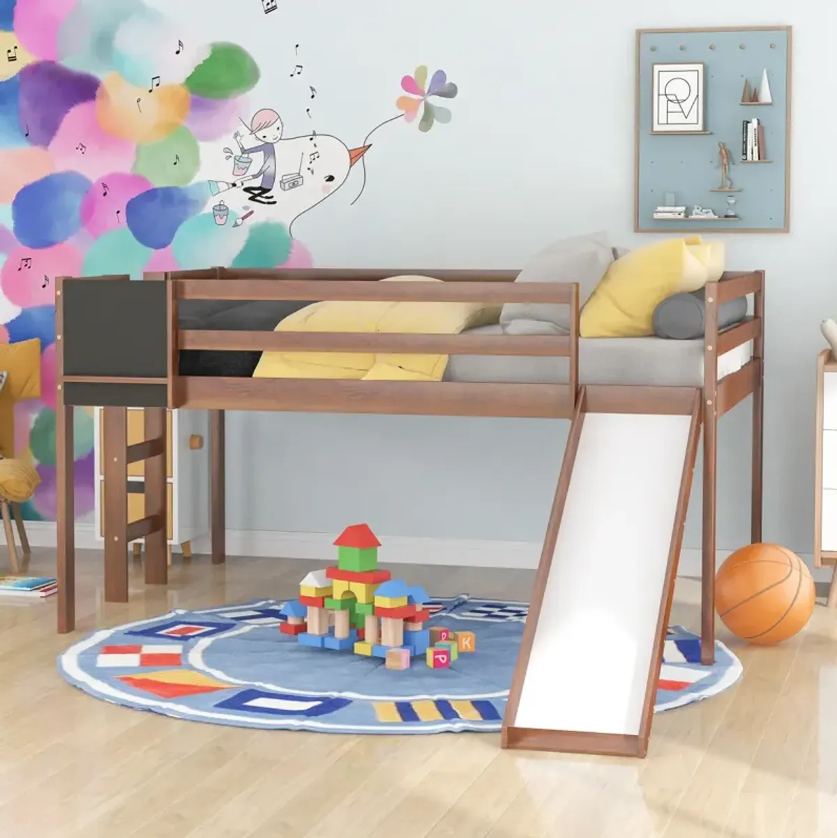 Full Size Loft Bed Wood Bed with Slide, Stair and Chalkboard