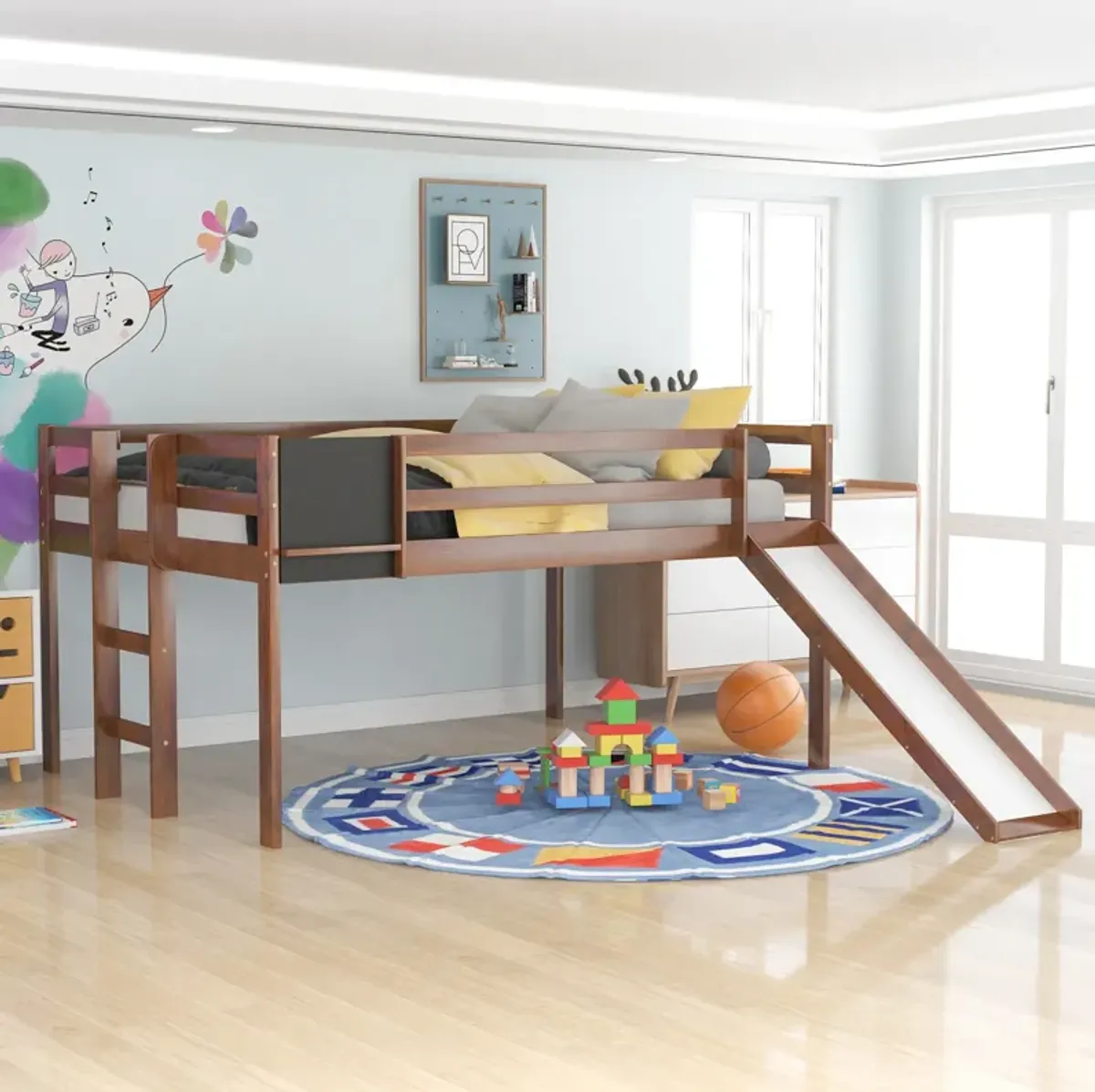 Full Size Loft Bed Wood Bed with Slide, Stair and Chalkboard