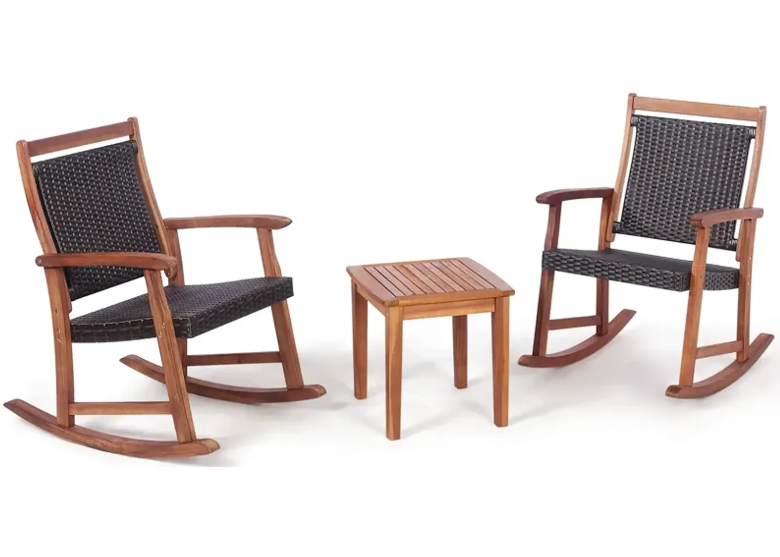 3 Pieces Acacia Wood Patio Rocking Chair Set with Side Table