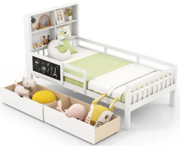 Kids Bed Frame with 2 Drawers and Bookcase Perfect for Boys and Girls' Bedrooms