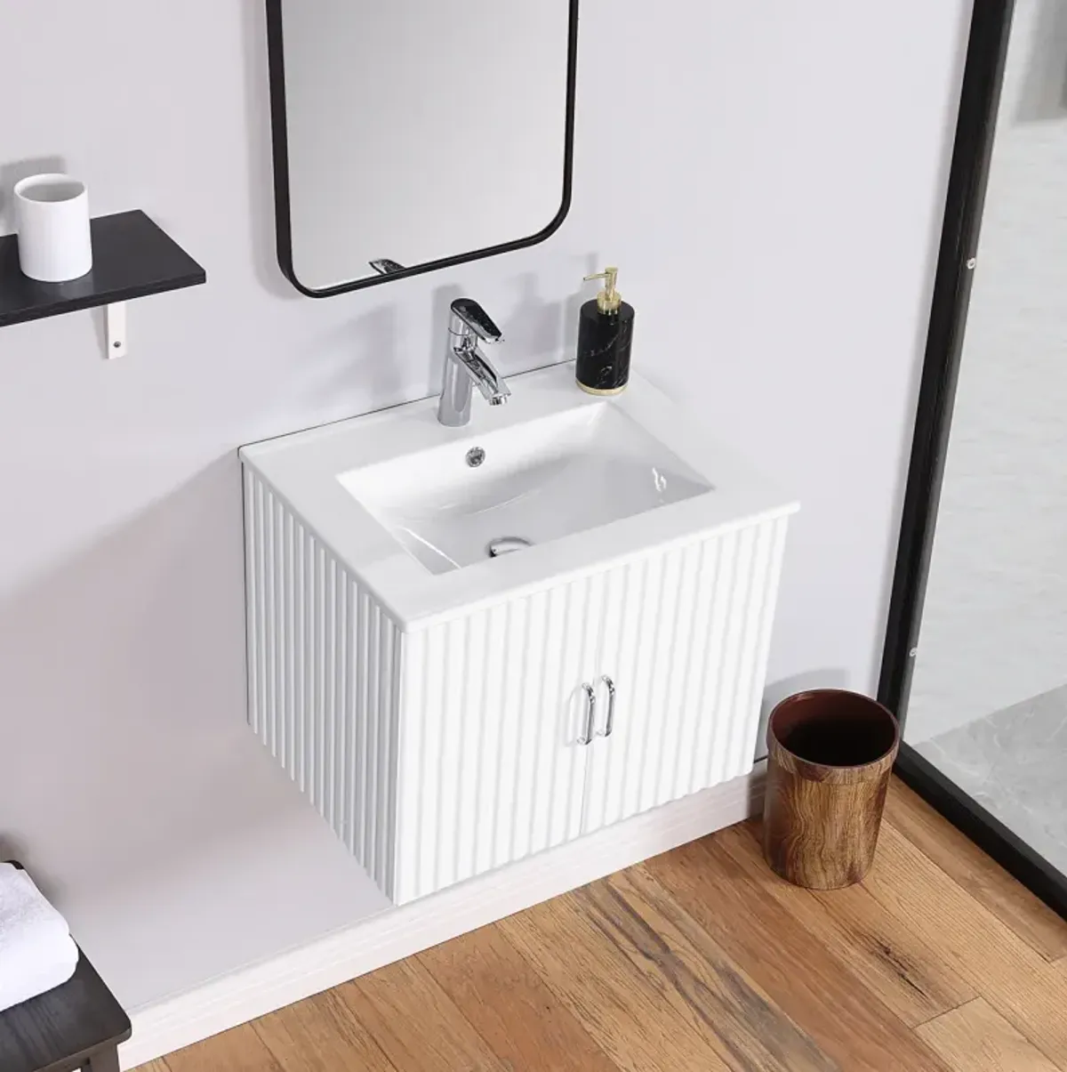 24" Floating Wall Mounted Bathroom Vanity With White Porcelain Sink And Soft Close Doors